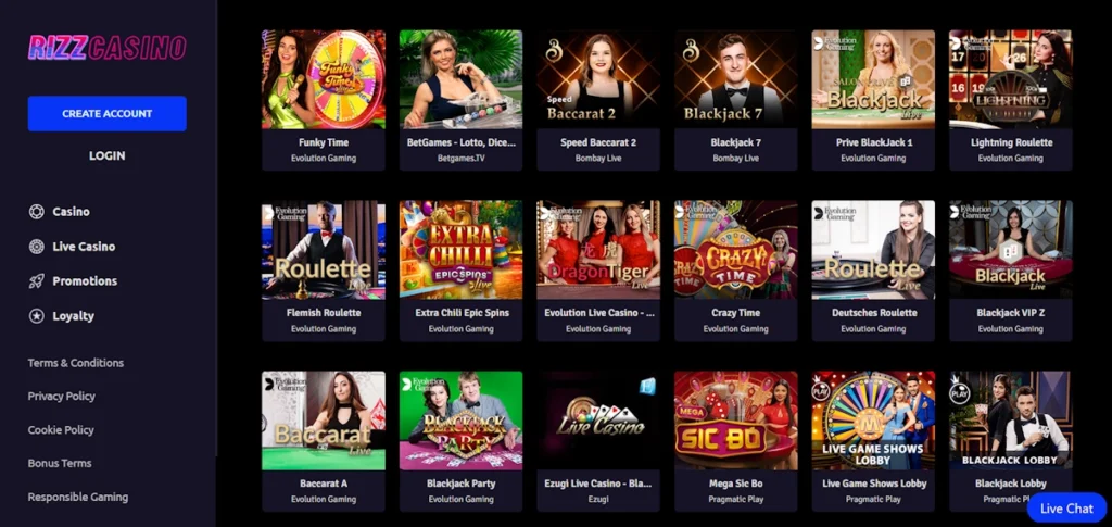 Live Dealer Games at Rizz Casino